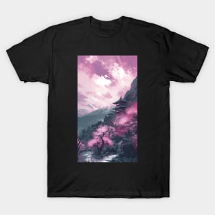 Serene Japanese Temple in Cherry Pink Mountains - Watercolor Painting T-Shirt